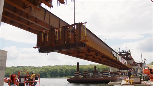 Houbolt Bridge: start to finish in under a minute 🏗️ This project was conveniently located by our Rock Creek terminal directly at the base of the Des Plaines river and only 4 miles away from our Joliet concrete plant, allowing for large product deliveries in a timely manner. The most fun, but logistically challenging, part of this project was barging our trucks across the river. Since concrete is perishable, a strategic plan needed to be carried through dispatching, truck spacing and a differen