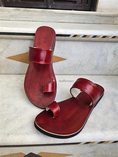 Traditional Genuine Cherry Tan Colors Leather Flat Toe Ring Sandals Greeques for Women - Etsy