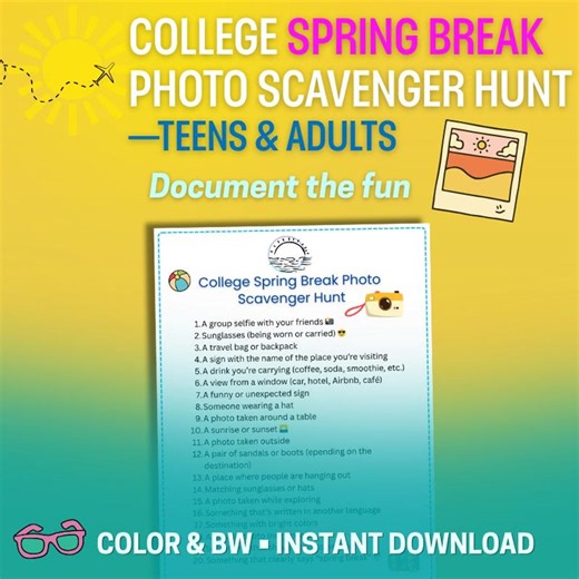 College Spring Break Photo Scavenger Hunt | Group Trip Game (printable PDF) - Etsy