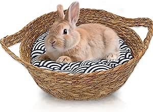 Large Grass Bunny Bed for Large Rabbits with Warm Cushion, 2 in 1 Natural Woven Rabbit Bed Big Indoor for Play, Sleep & Claw Grinding, Cozy Small Animal Beds for Chinchilla Squirrel