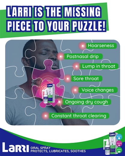 Larri is the missing piece to your puzzle. That constant throat clearing, the burning, tight feeling, the cough that just won’t quit. If you’re dealing with silent reflux (LPR), you know how frustrating it can be when nothing seems to fully help. Larri Oral Spray works where it matters most, forming a protective barrier in the throat to help soothe irritation and support healing. Simple. Targeted. Effective, because sometimes, all you need is the missing piece. 🛒 Available at Dis-Chem, Dis-Chem