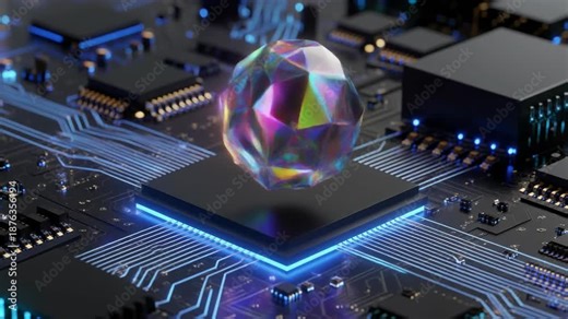 A detailed image of a computer motherboard with a floating, multi-colored gem in the center