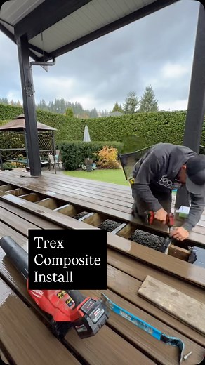 Composite decking board install from @trexcompany toasted sand from the enhanced naturals line. 👊🏻 #deckbuilder #outdoorliving #madebymikeconstruction #compositedecking #trexdecking | Made By Mike Construction Ltd.
