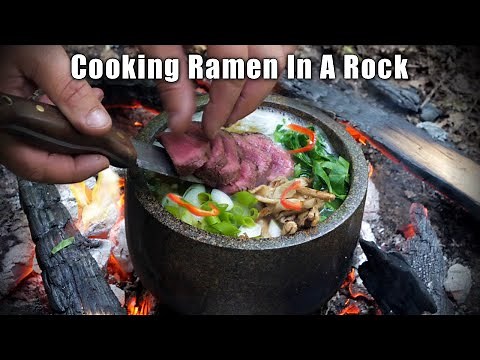 Cooking Ramen in a Stone Bowl over a Camp Fire