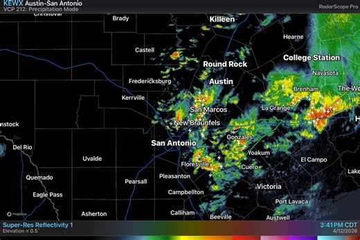 4:10 PM radar update: Thunderstorms with heavy rain and lightning continue over portions of the Hill Country, I-35 corridor and Coastal Plains. There remains the possibility storms could strengthen and become severe. Continue to monitor conditions and stay weather aware! #txwx