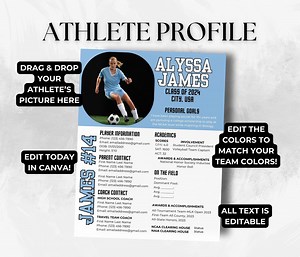 Soccer Athlete Profile Sheet Photo College Recruiting Editable Canva Template Camps Showcases Travel Soccer Recruiting Letter Coach Resume - Etsy