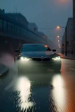 A BMW driving through rainy streets with reflections and cinematic lighting