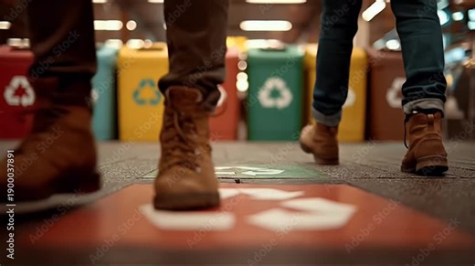People walking over a recycling symbol on a ground colorful bins in background modern design with neutral color palette highlighting textures and concept