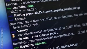 Command line interface showing real-time software upgrade progress, symbolizing efficient programming, system administration, and modern development processes on a screen Stock ビデオ