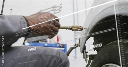 Tech kneeling, positioning brass rod and pulling fender dent, tapping while timeline UI animating