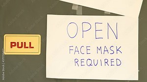 Man pull out Close covid-19 board to reveal Open face mask required board , on the restaurant door Chiangmai Thailand