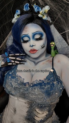 Sydney Nicole Addams on Instagram: "How I made my Corpse Bride cosplay 💙💀🦋 Just in time for Halloween 👀 Please read all the details below! 👇🏻 💀 Plain white corset, skeleton/blue leg tights & gloves are from @spirithalloween (I cut and dirtied up the gloves myself) 💀 Plain white skirt @amazon 💀 Old Corpse Bride dress is SO old that I don't remember where it's from 😫 💀 Air dry clay was used to make Maggot 