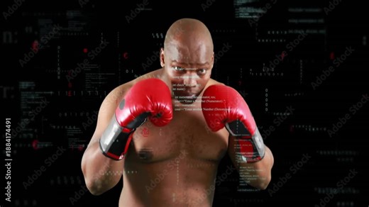 Boxer starting by raising gloved fists and weaving for boxing practice with binary code overlays