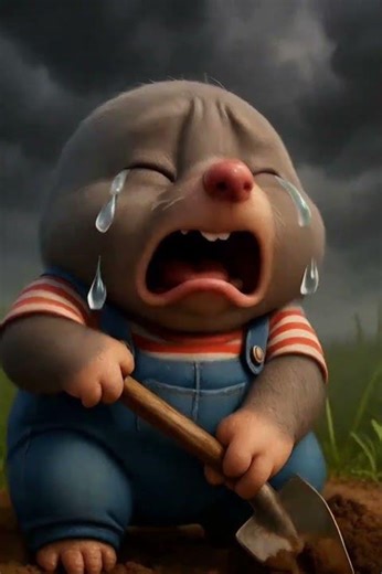 The little mole is sad because it couldn’t finish digging its burrow before the rain 🌧️🐭⛏️😢