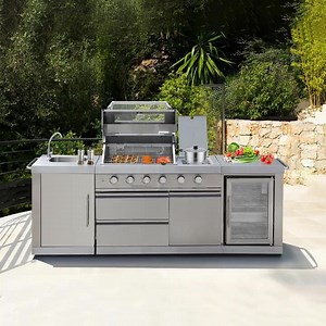 Island All Stainless Steel Pizza Oven BBQ Modern Cabinet Waterproof Patio Outdoor Kitchen with Fridge 4 Burners Cocina Exterior