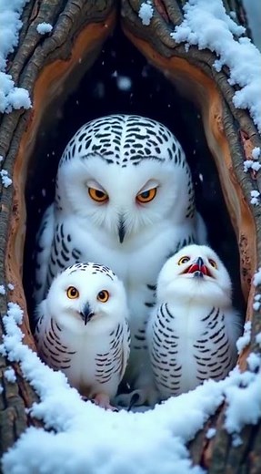 Snowy owl family in the winter kingdom 🦉❄️ Cute owlet chicks! #birds