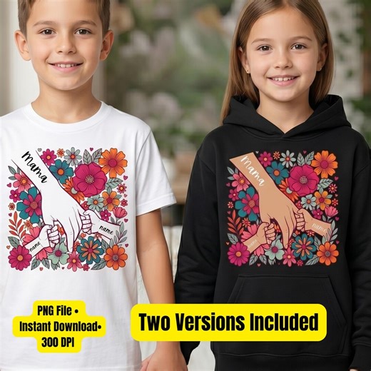 Custom Mama and Kids Name PNG, Personalized Mother’s Day DTF Design, Floral Hand Holding Sublimation, Colorful Flower Garden Shirt Design - Etsy