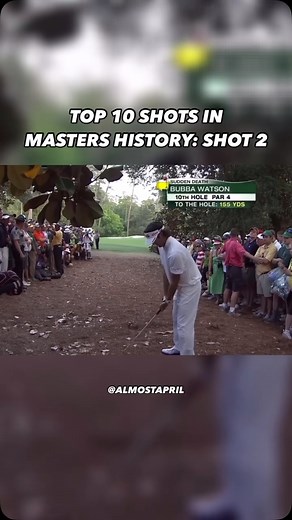 Almost April Golf on Instagram: "Shot 2: Bubba Watson’s famous shot from the pines to win the 2012 Masters. After pulling his tee shot on the second playoff hole, Bubba was faced with a ridiculously hard shot. 155 yards from the hole, and blocked out completely, his only route to the green was to play a massive snap hook around the trees. He pulled it off brilliantly and as a result, won his first green jacket. Still to this day one of the best shots ever hit in professional golf. #golf #golfers