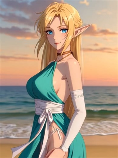 Elf Day with Tiffania Westwood from The Familiar of Zero enjoying a bright beach day ☀️🌊 Golden hair flowing in the ocean breeze. Emerald green beach outfit catching the sunlight. Elf elegance under a clear blue sky. Would you walk the shoreline with her? 💚 #CosplayHaven #beach #Elf #Anime #Waifu