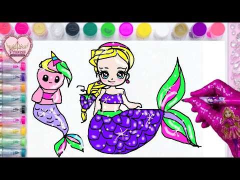 how to draw elsa frozen as a sparkly grape mermaid with baby unicorn magic coloring for kids