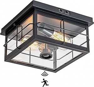 Flush Mount Outdoor Ceiling Light with Motion Sensor, Modern Porch Ceiling Light Fixture, Adjustable Sensor 2-Light Farmhouse Ceiling Mount Lighting with Clear Glass for Patio, House