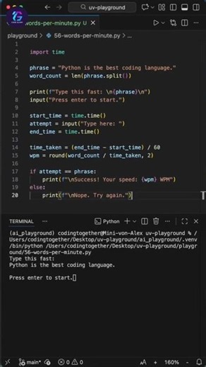 Build a Words Per Minute Counter in Python | 30 Sec Project Python #shorts #pythonshorts #shortsfeed