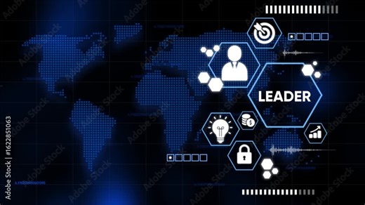 Animated leader concept depicting global business strategy with digital icons and world map