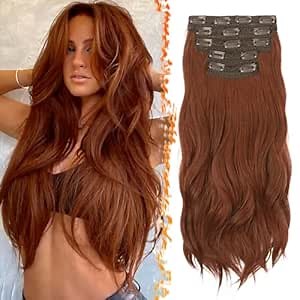 BARSDAR Medium Auburn Clip in Hair Extensions - 20 Inch Loose Wavy Clip in Hair Extensions for Women, 5 PCS Thick Layered Lace Weft Voluminous Easy Wear Soft Synthetic Auburn Hairpieces