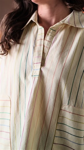 Change the vibe of your slow short by hacking it to have a popover placket. This is a great option if you’d like to skip the buttons and buttonholes! Head over to the Sew Liberated blog for a full written tutorial with photos, as well as tips for making your placket pattern piece and customizing the length of your placket. I used a striped fabelism fabric for my popover Slow Shirt. It has a nice, soft, drape, perfect for a pullover top. Give this hack a try for another great version of the Slow 