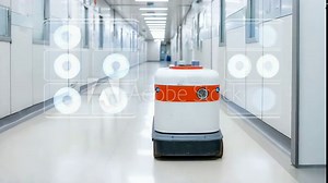 Autonomous medical robot in futuristic hospital corridor shows autonomous medical robot navigating quietly as autonomous medical robot emits soft signal lights during AI healthcare routine