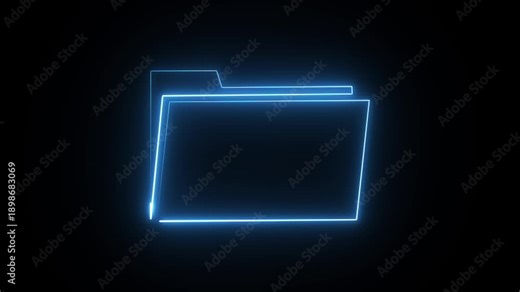 a glowing neon file folder icon. The graphic represents a standard file folder icon, a common element in computer interfaces.