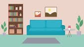 This is a cartoon illustration of a living room interior design. The...