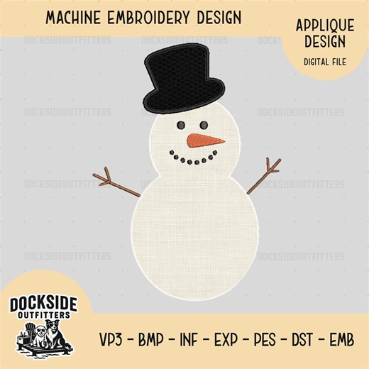 Snowman Winter Appliqué Embroidery Design, Digital File Instant Download for Machine Embroidery, Holiday
