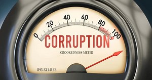 Corruption and Crookedness Meter that is hitting a full scale, showing a very high level of corruption, overload of it, too much of it. Maximum value, off the charts.