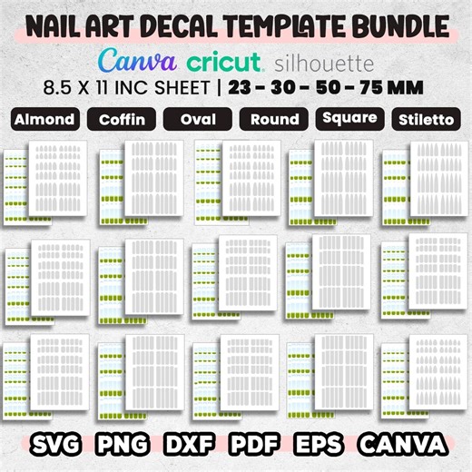 Nail Art Decal Template Mega, Oval, Square, Coffin, Stiletto Nail Decal Template, Waterslide Nail Art, 23-30-50-75mm, Canva, Download Now - Etsy