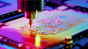 Microchip production printing processor CPU component AI memory storage microelectronics assembly semiconductor technology industry manufacturing computer circuit board equipment