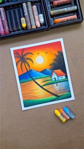 😍 Sunset Village Scenery Drawing 🌅 | Easy Oil Pastel Art for Beginners
