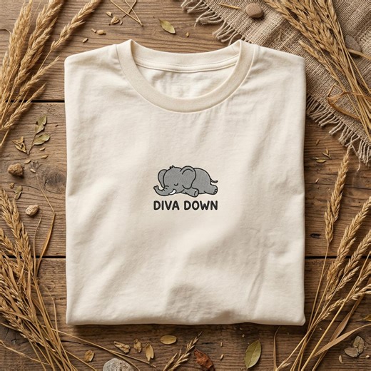 Embroidered Elephant Shirt, Diva Down Funny Elephant Tee, Lazy Zoo Animal Embroidery, Cute Elephant Lover Gift, Minimalist Elephant T-shirt - Etsy