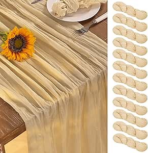 DeZerlor Champagne Gold Cheesecloth Table Runner 12 Pack Summer Table Runners Boho Gauze 120 Inches Cheese Cloth Table Decor for Wedding Bridal Baby Shower Parties