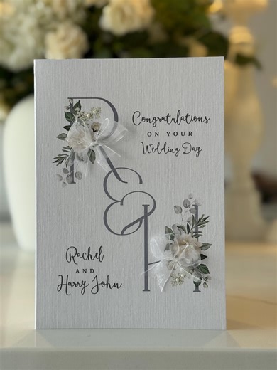 Personalised Wedding Card, Personalised Wedding Card With Bride & Groom’s Initials, Handmade Keepsake Card, With 3D Flower, Crystals and Bow - Etsy
