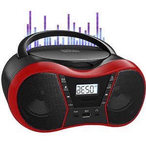 Portable CD Player Boombox with FM Radio,Bluetooth 5.1,Clear Sound,LCD Display,USB/AUX Input,AC/Battery Powered,CD/CD-R/CD-RW Compatible,3.5mm Headphone Jack,Sleep Timer for Home,Seniors,Kids Red