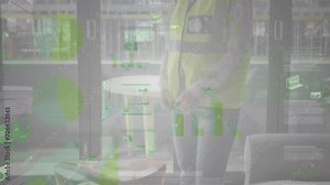 Animation of data on interface screens over caucasian female engineer in hi vis vest