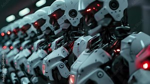 Exploring advanced robotic designs featuring humanoid machines lined up in an industrial setting at night