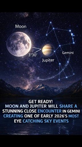 👉On January 31, 2026, skywatchers will see a beautiful close pairing of the Moon and Jupiter in the constellation Gemini. At about 19:00 UTC, both objects will line up at nearly the same position in the sky, making them appear close together. At their nearest point, the Moon and Jupiter will be separated by only about 3°50′, with the visual gap narrowing to roughly 3°47′. The Moon, now a 12-day-old waxing gibbous, will shine intensely at magnitude −12.7, while Jupiter will glow brightly nearby 