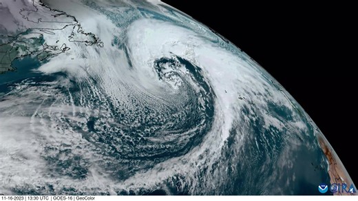 2.6K views · 151 reactions | From ~22,300 miles up, NOAA's GOES East satellite spied a beautiful mid-latitude cyclone spinning over the North Atlantic Ocean yesterday. These dynamic weather systems form between 30°-60° latitude, driven by the clash of warm and cold air masses. | NOAA Satellite and Information Service | Facebook
