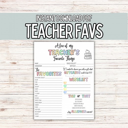 Teacher Favorite Things/ Teacher Survey/ Teacher Questionnaire/ ALL About Your Teacher/ Getting to Know Your Teacher/ Teacher Appreciation - Etsy