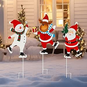 BTY 3 Pack Christmas Garden Metal Stakes - Set of 3 Christmas Metal Yard Stakes - Outdoor Lawn Stake Decoration - Snowman, Santa Claus, Reindeer