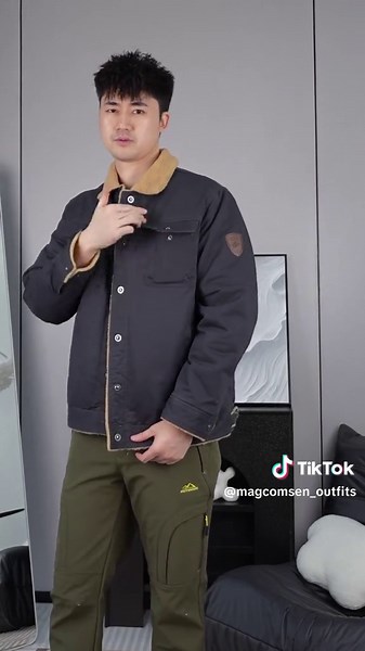 Cargo jacket with a turn-down collar and cozy sherpa lining to keep you warm through the cold winter.#magcomsen #truckerjacket #sherpajacket #winterjacket#WinnerJacket