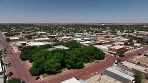 Aerial Lamesa Texas city business part 3. Rural central Texas oil field town. County government. Old historic downtown, city government square center town. Green trees in park. Business main square. Stock Video