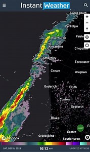 4:45 PM - Saturday, December 9, 2023 Quite the strong storm for the middle of December! ⛈️ This storm is currently over Lake Huron and tracking towards Goderich. Not much of a concern when it comes to severe risk as the environment is fairly weak. But we could still see some strong wind gusts and small hail. We will continue to watch! What are you experiencing? - Brennen | Instant Weather Ontario
